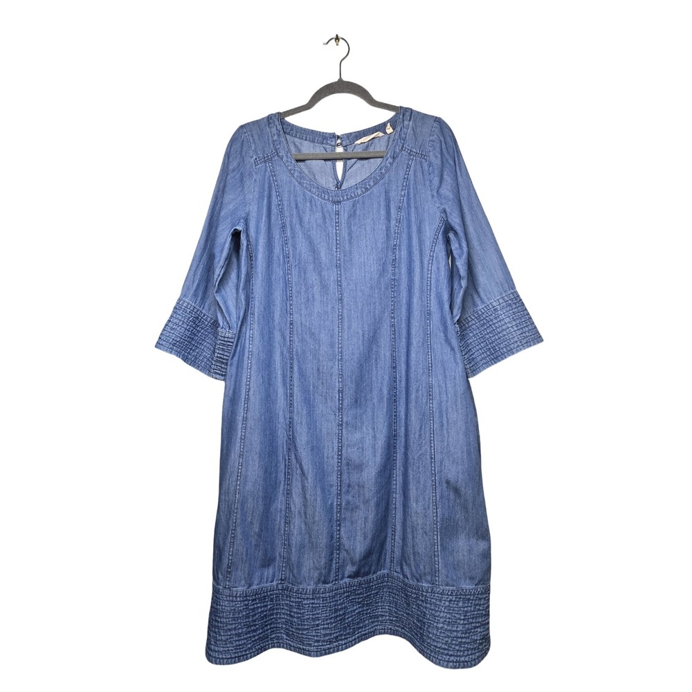 Soft Surroundings Denim Shift Dress Medium Lyocell Blue Bell Sleeve Pockets